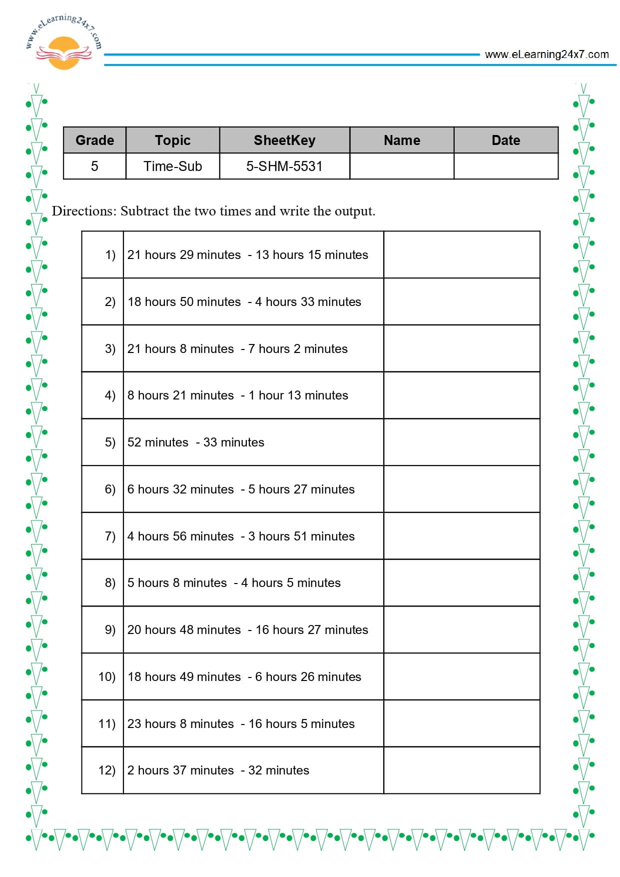 Grade 5 Time Subtraction