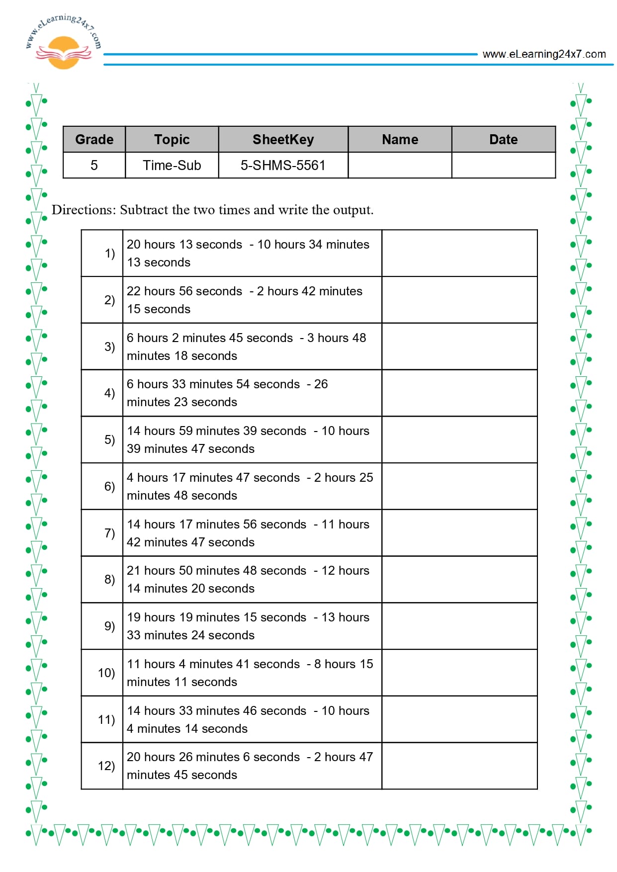 Grade 5 Time Subtraction