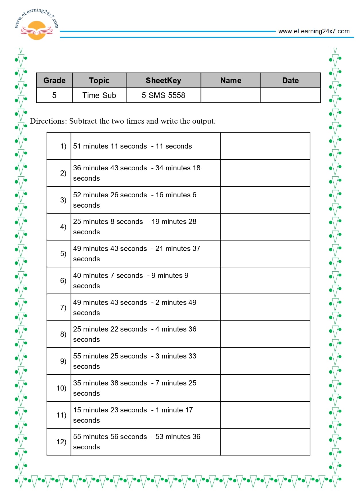 Grade 5 Time Subtraction