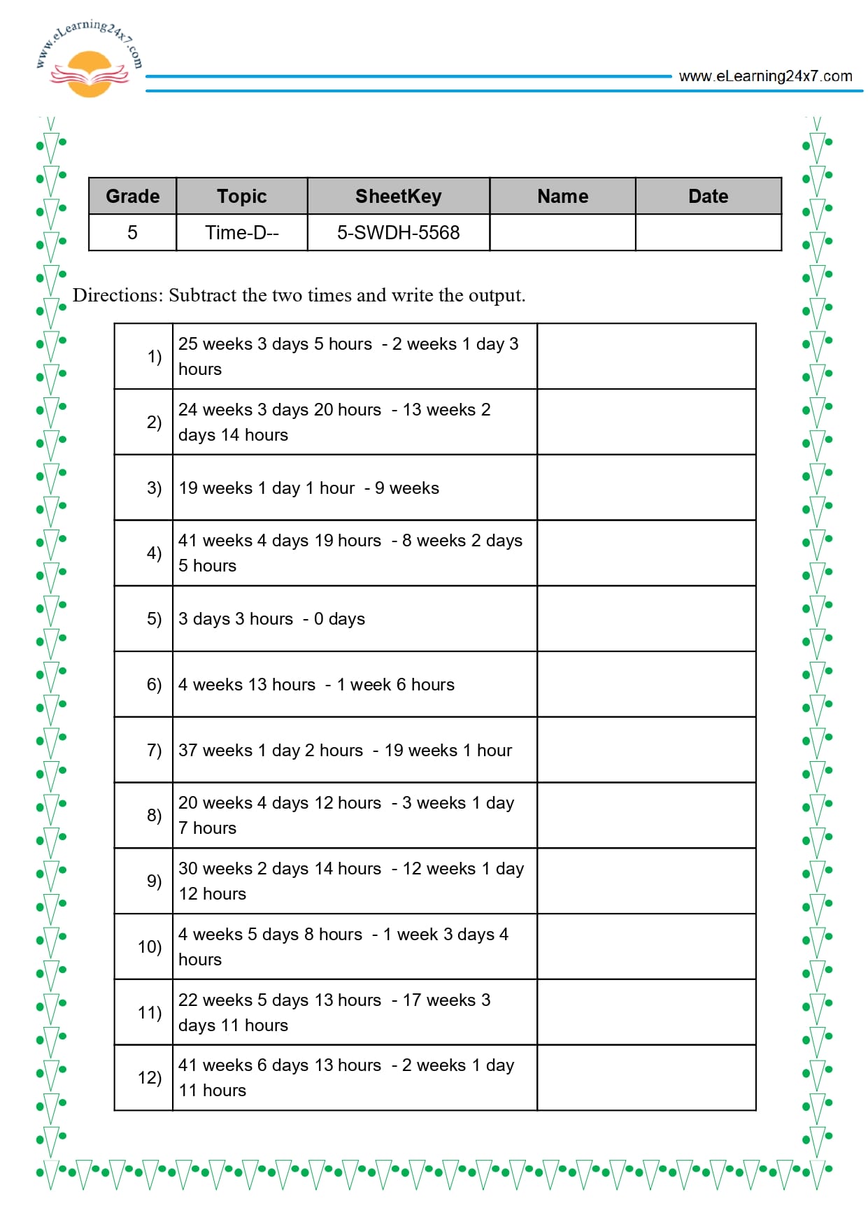 Grade 5 Time Subtraction