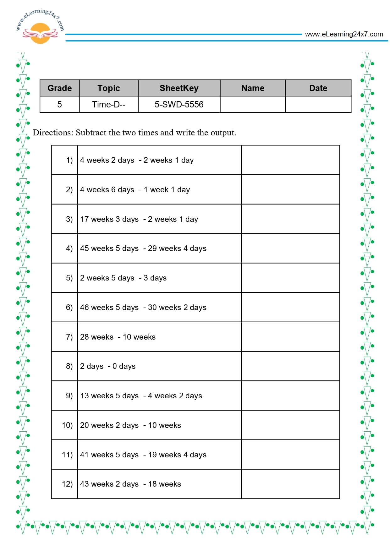Grade 5 Time Subtraction
