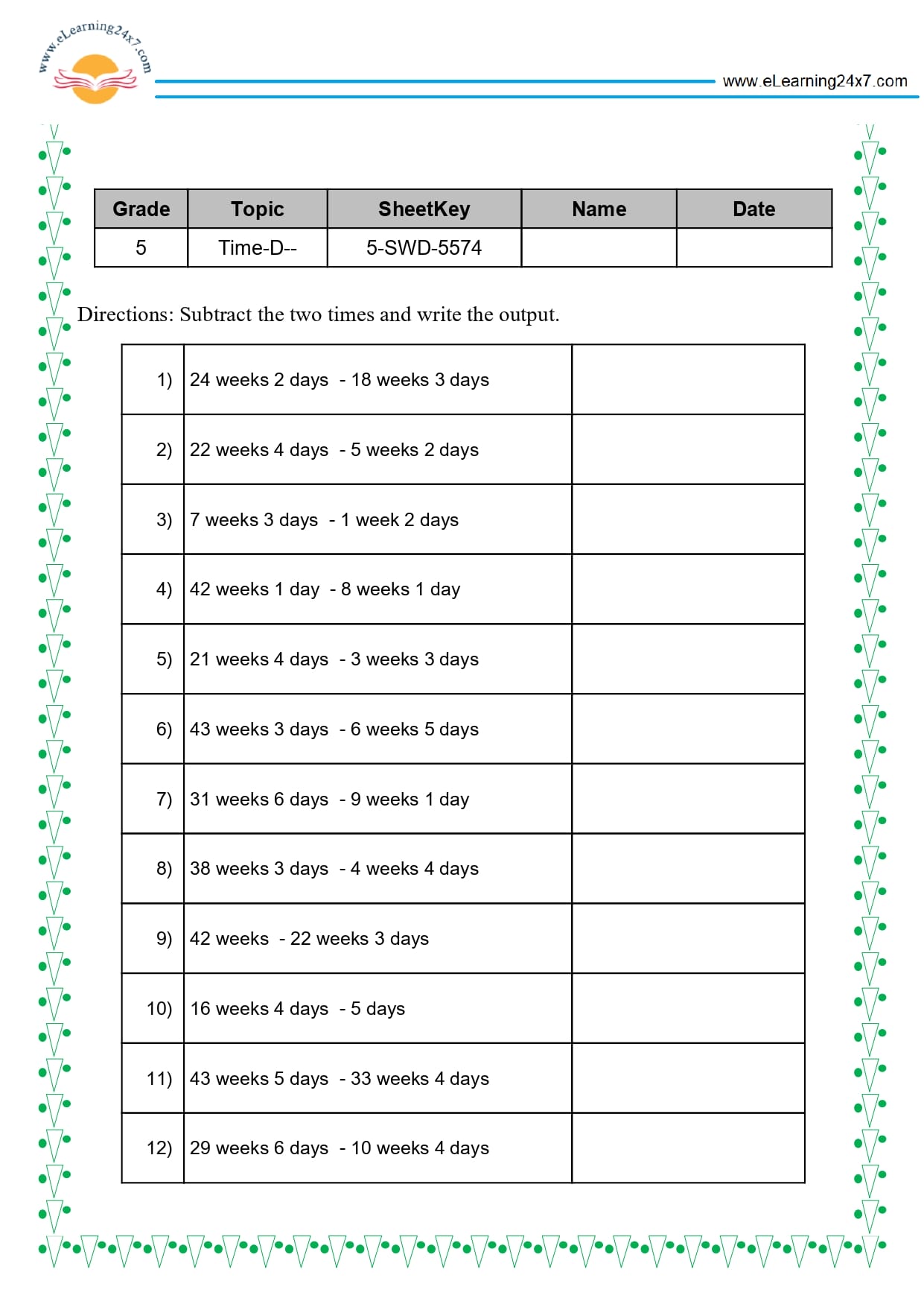 Grade 5 Time Subtraction