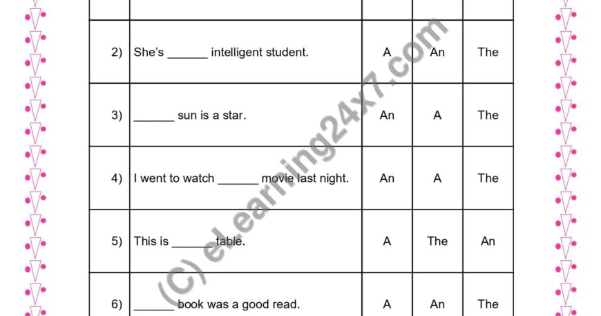 Grade 3, English, Articles - Pick The Correct Article, printable PDF, instant download