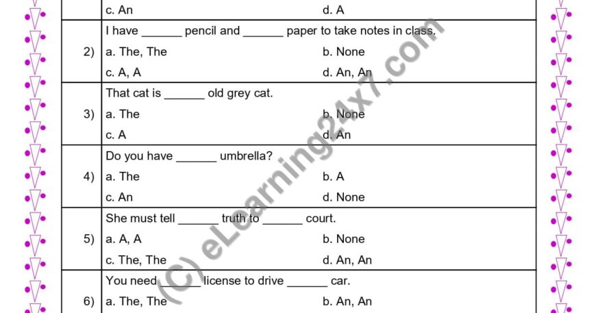 Grade 4, English, Articles - Pick The Correct Article, printable PDF, instant download