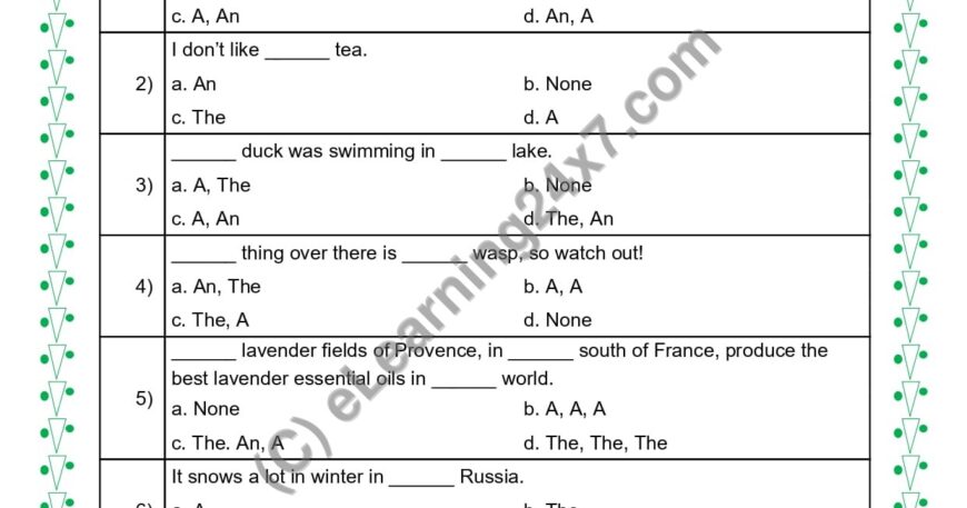 Grade 5, English, Articles - Pick The Correct Article, printable PDF, instant download