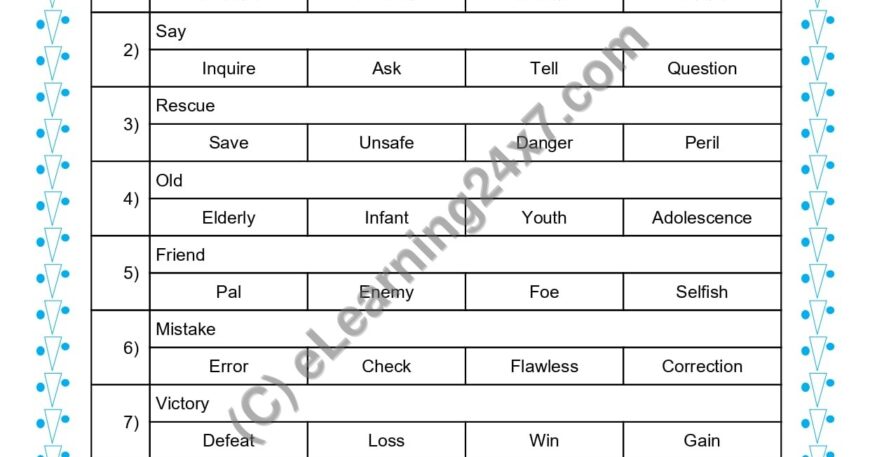 Grade 1, English, Synonyms - Multiple Choice Questions, printable PDF, instant download