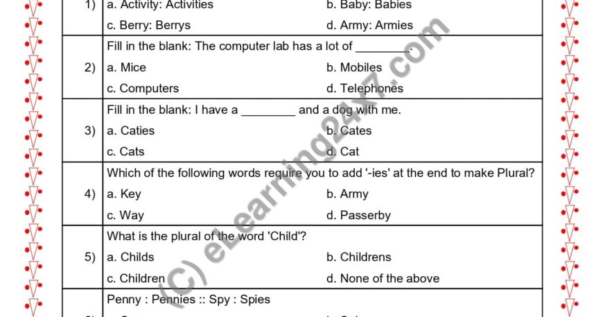 Grade 2, English, Singular Plural - Multiple Choice Questions, printable PDF, instant download