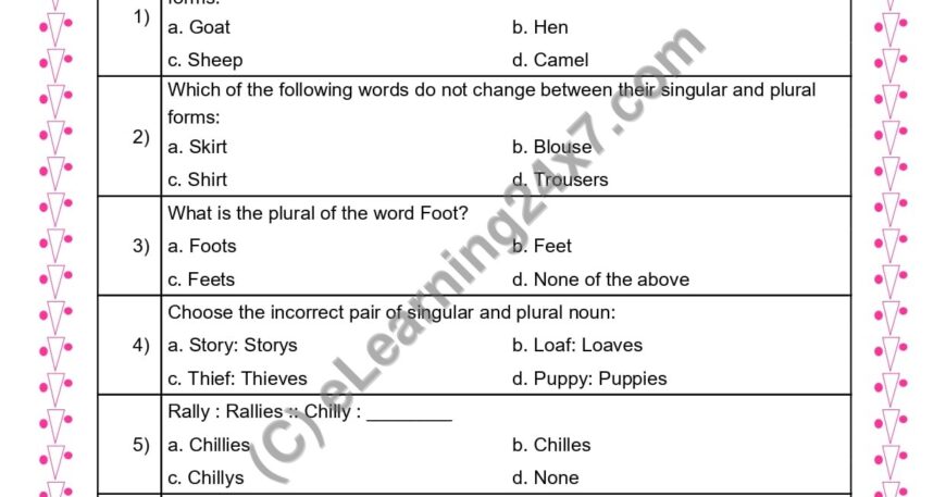 Grade 3, English, Singular Plural - Multiple Choice Questions, printable PDF, instant download