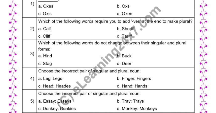 Grade 4, English, Singular Plural - Multiple Choice Questions, printable PDF, instant download