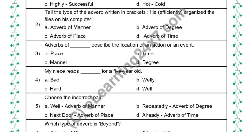 Grade 5, English, Adverbs - Multiple Choice Questions, printable PDF, instant download