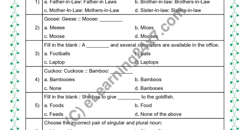 Grade 5, English, Singular Plural - Multiple Choice Questions, printable PDF, instant download