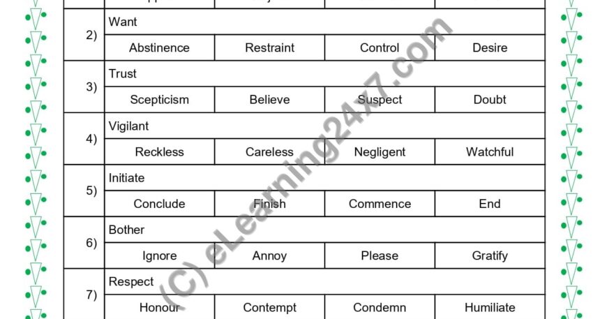 Grade 5, English, Synonyms - Multiple Choice Questions, printable PDF, instant download