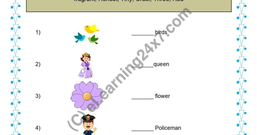 Grade 1, English, Adjectives - Image Fill Blanks, printable PDF, instant download