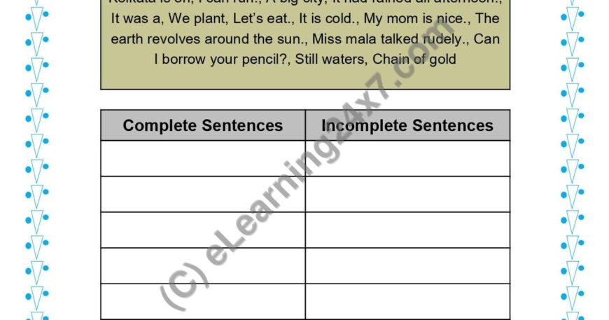 Grade 1, English, Sentences - Separate Complete & Incomplete Sentences, printable PDF, instant download