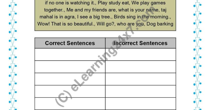 Grade 1, English, Sentences - Separate Correct & Incorrect Sentences, printable PDF, instant download