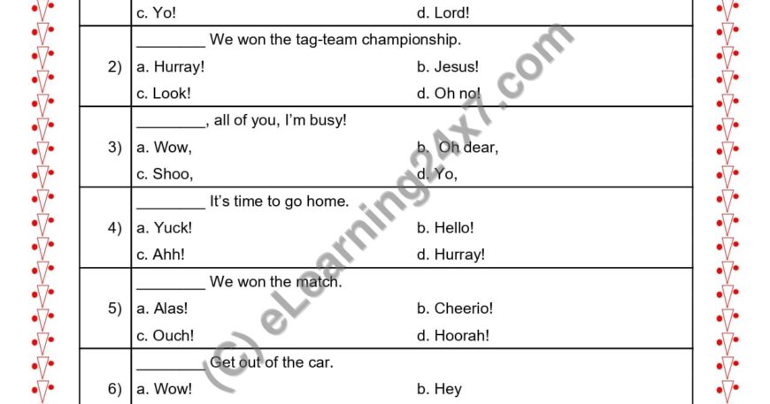 Grade 2, English, Interjection - MCQs, printable PDF, instant download
