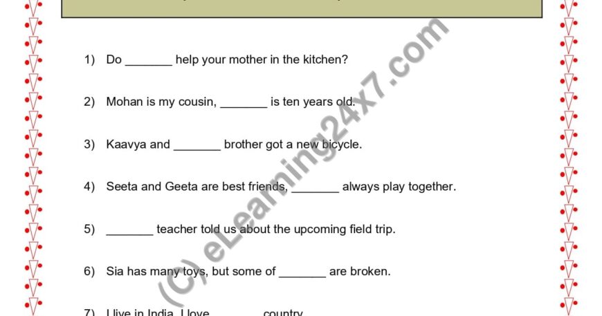 Grade 2, English, Pronoun - Fill The Blanks, printable PDF, instant download