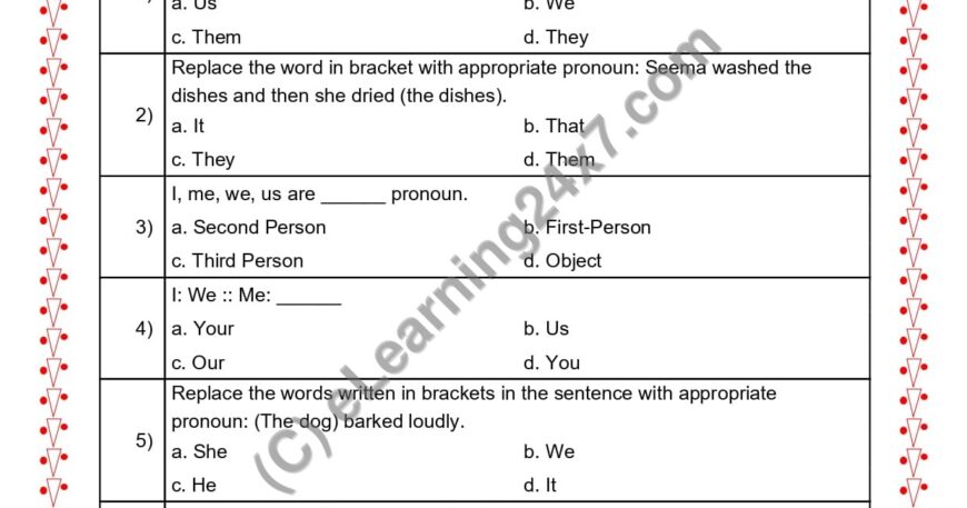 Grade 2, English, Pronoun - MCQs, printable PDF, instant download