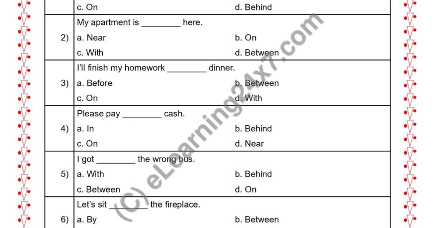 Grade 2, English, Preposition - MCQs, printable PDF, instant download