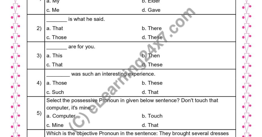 Grade 3, English, Pronoun - MCQs, printable PDF, instant download