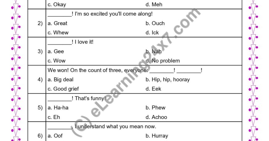 Grade 4, English, Interjection - MCQs, printable PDF, instant download