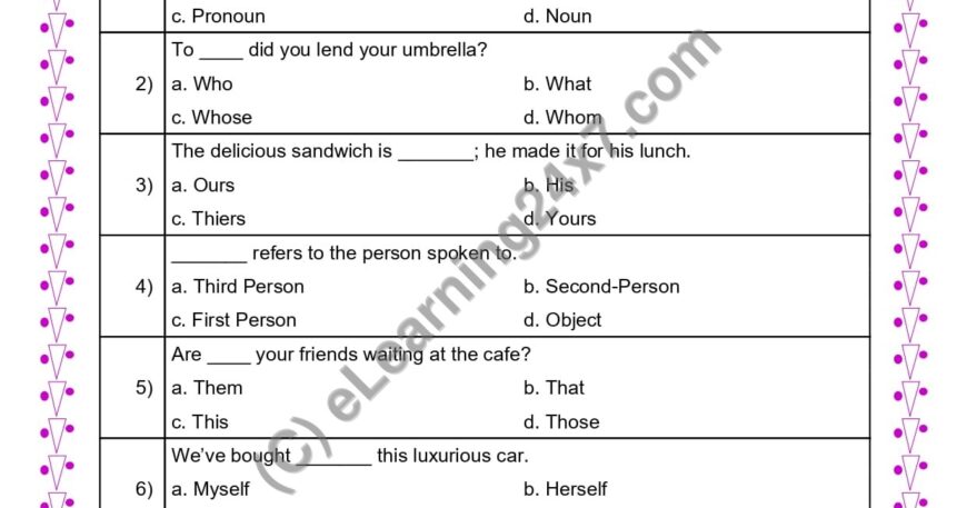 Grade 4, English, Pronoun - MCQs, printable PDF, instant download