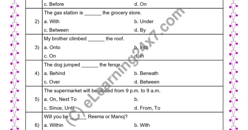 Grade 4, English, Preposition - MCQs, printable PDF, instant download