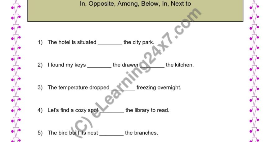 Grade 4, English, Preposition - Place, printable PDF, instant download