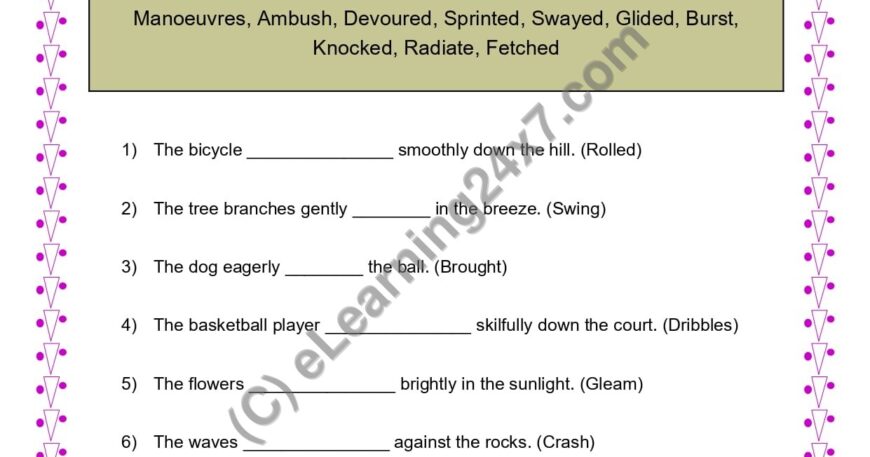 Grade 4, English, Verbs - Fill Blanks With Descriptive Verbs, printable PDF, instant download