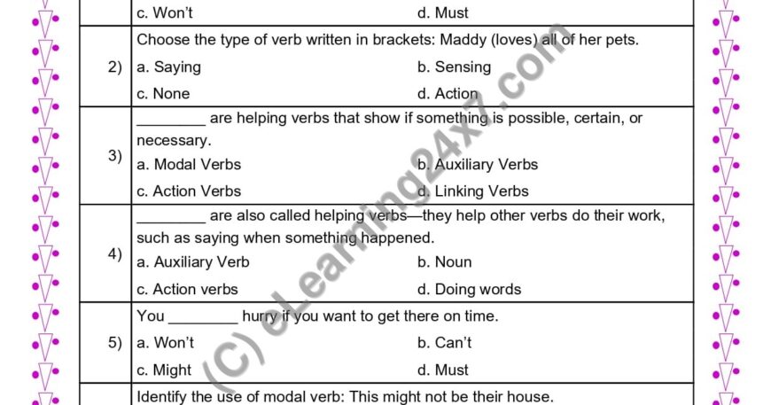 Grade 4, English, Verbs - MCQs, printable PDF, instant download