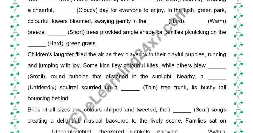 Grade 5, English, Adjectives - Complete Passage With Opposite Adjectives, printable PDF, instant download