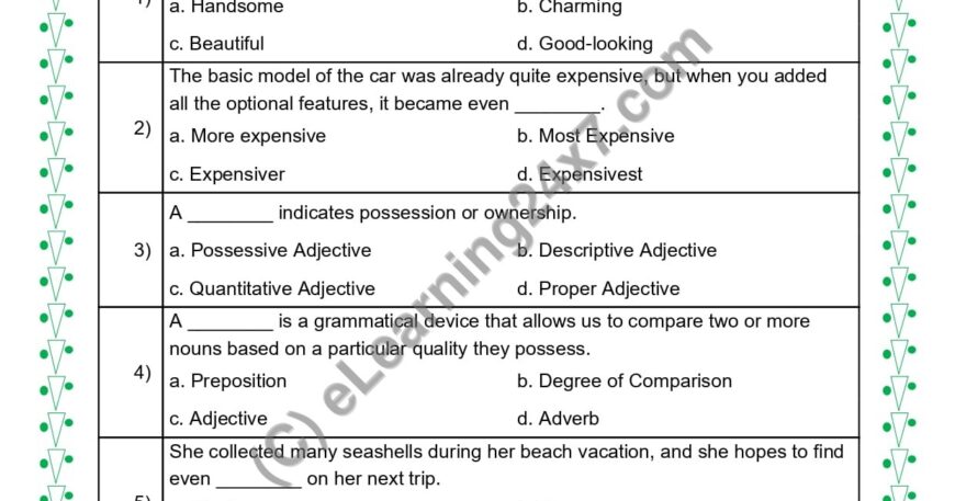Grade 5, English, Adjectives - MCQs, printable PDF, instant download