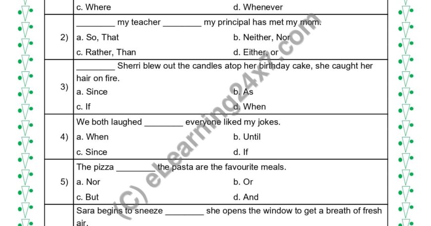 Grade 5, English, Conjunction - MCQs, printable PDF, instant download