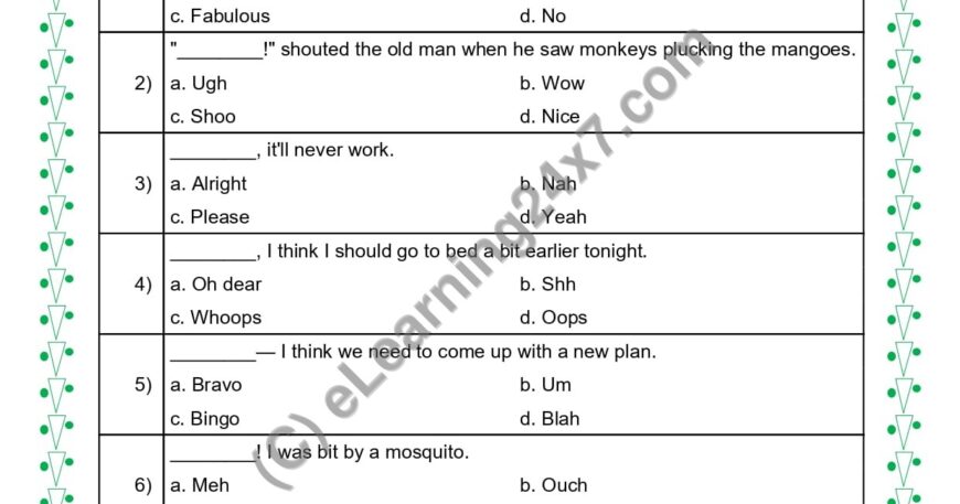 Grade 5, English, Interjection - MCQs, printable PDF, instant download