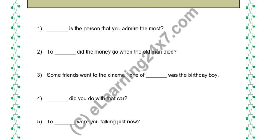 Grade 5, English, Pronoun - Interrogative Pronoun Fill Blanks, printable PDF, instant download