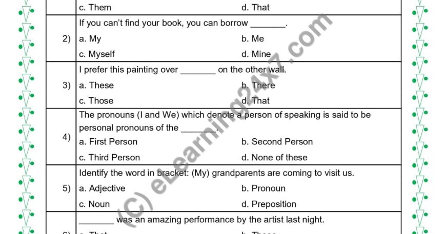 Grade 5, English, Pronoun - MCQs, printable PDF, instant download