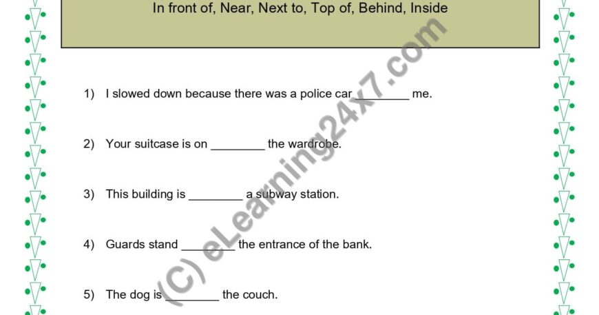 Grade 5, English, Preposition - Place, printable PDF, instant download