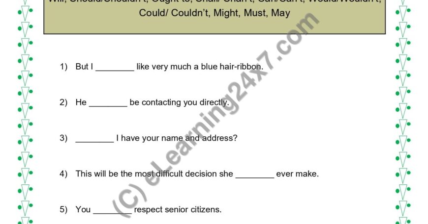 Grade 5, English, Verbs - Fill Blanks With Correct Modal Verb, printable PDF, instant download