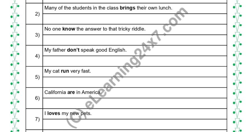 Grade 5, English, Verbs - Rewrite Sentences With Correct Verb-Subject Pair, printable PDF, instant download