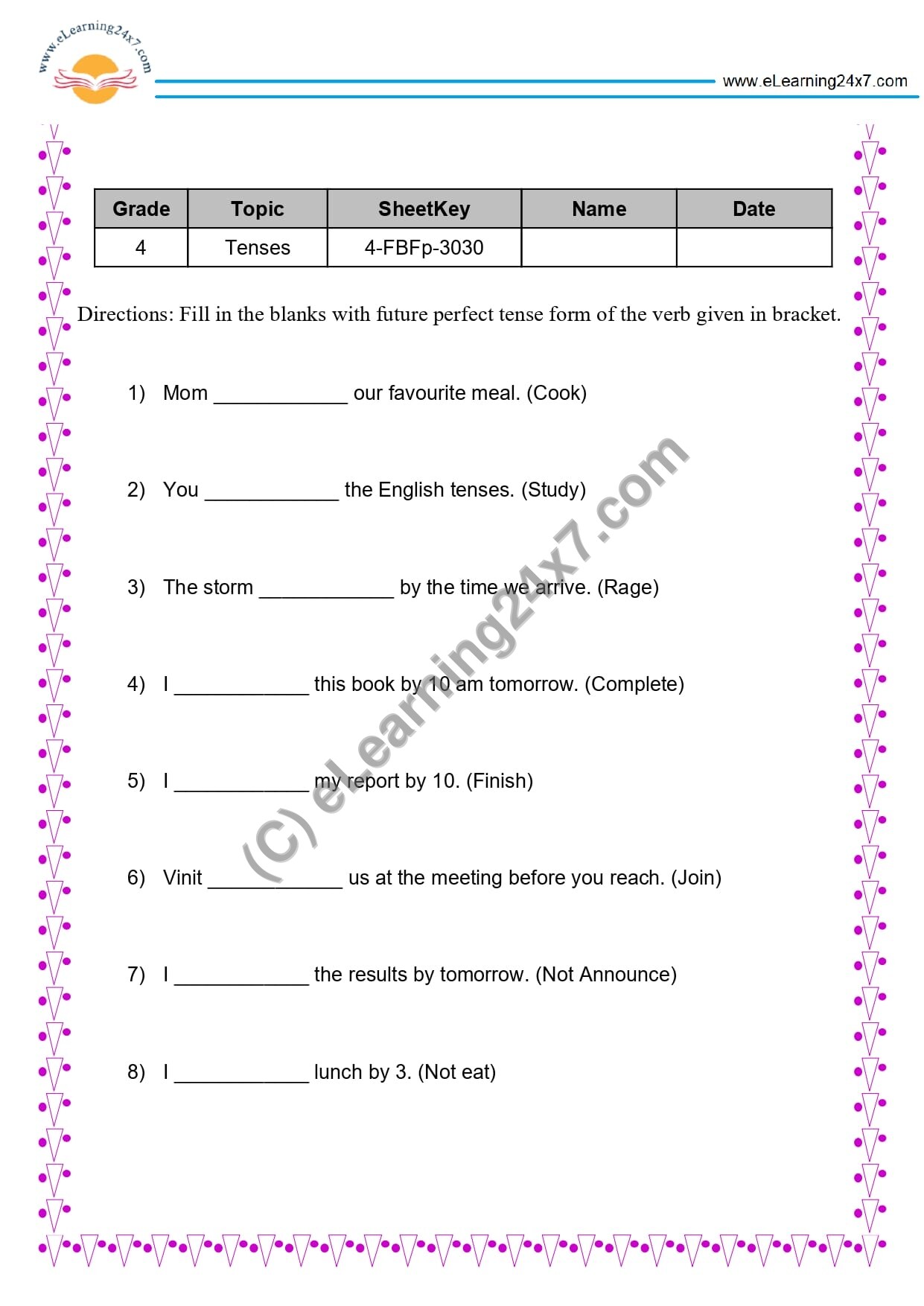 Grade 4, English, Tenses - Future Perfect Fill The Blanks, printable PDF, instant download