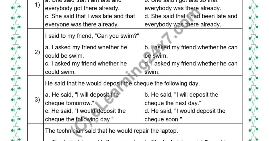 Grade 5, English, Direct Indirect Speech - Indirect Speech MCQs, printable PDF, instant download