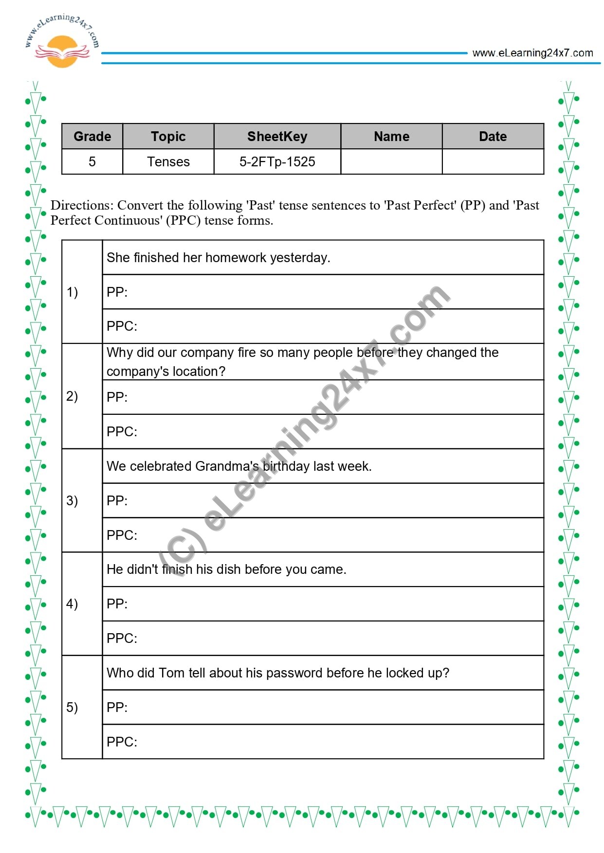 Grade 5, English, Tenses - Convert Sentence to Past Perfect and Past Perfect Continuous Tense Forms