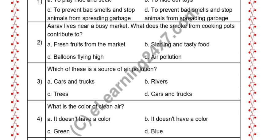 Grade 2, EVS, Earth - Air Pollution MCQ, printable PDF, instant download