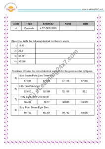 Grade 4, Maths - Decimals Mock Test Paper, printable PDF, instant download