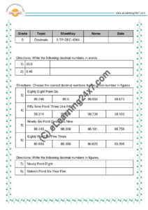 Grade 5, Maths - Decimals Mock Test Paper : Number Ops, printable PDF, instant download