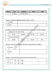 Grade 5, Maths - Decimals Mock Test Paper : All, printable PDF, instant download
