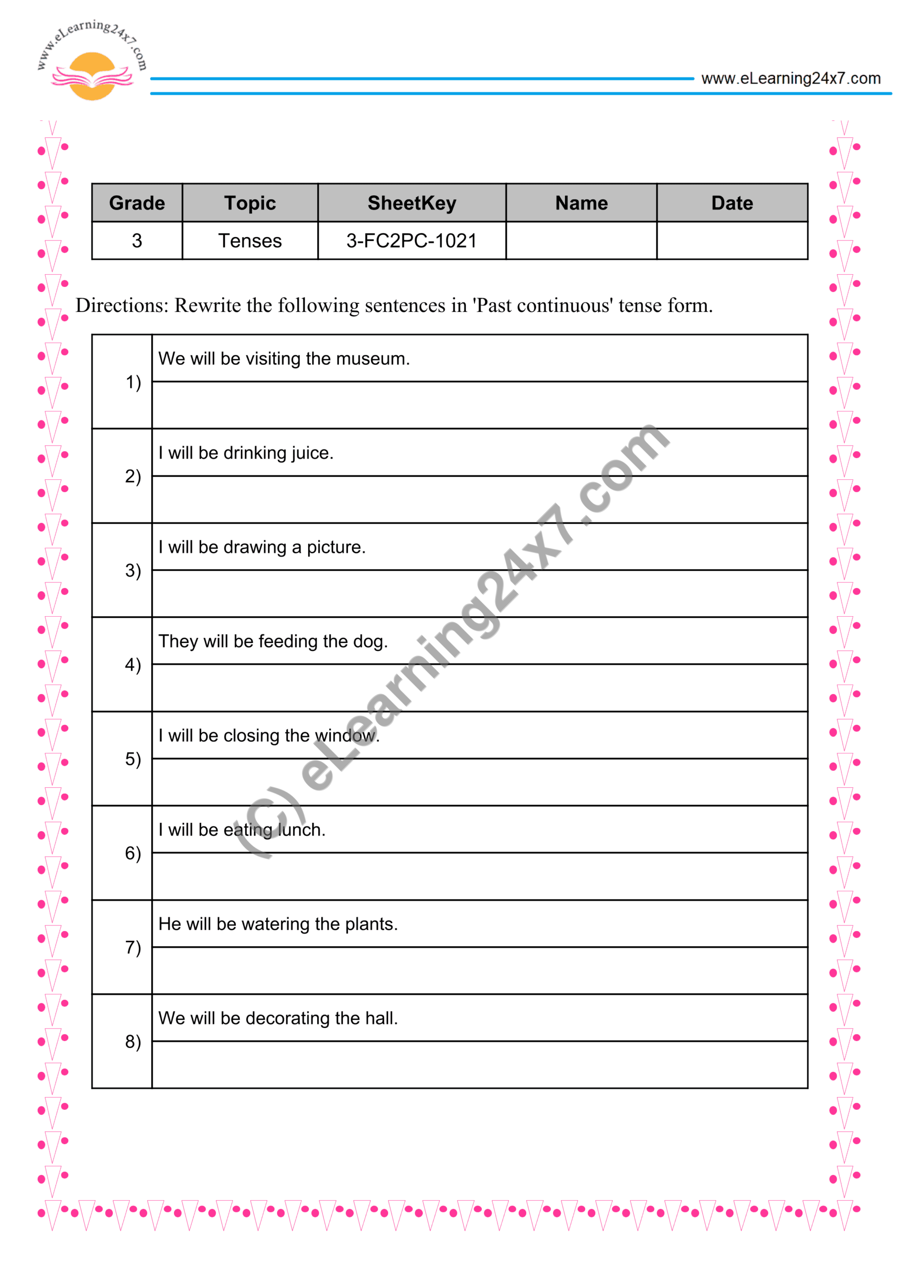 Grade 3, English, Tenses - Conversion : Future Continuous To Past Continuous, printable PDF, instant download