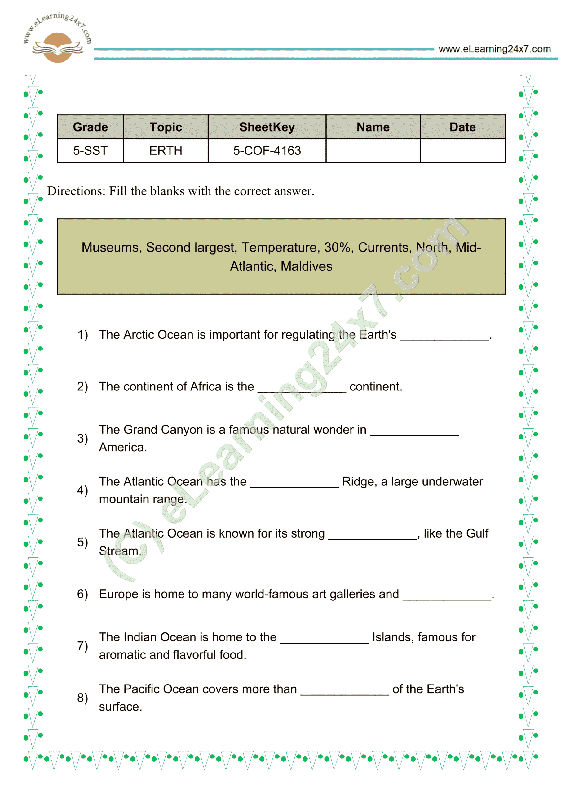 Grade 5, Social Science, Earth - Continents & Oceans : Fill The Blanks, printable PDF, instant download