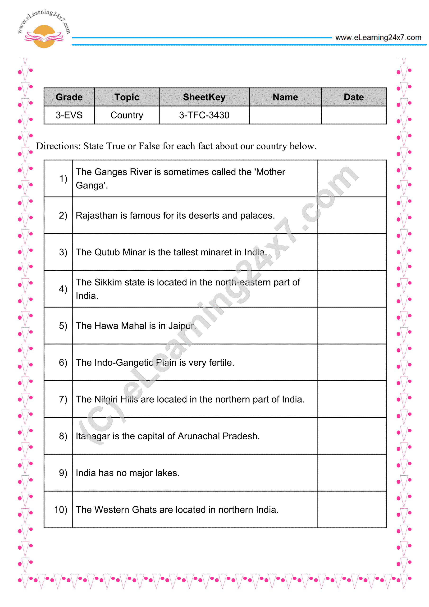 Grade 3, EVS, Our Country India - True Or False, printable PDF, instant download