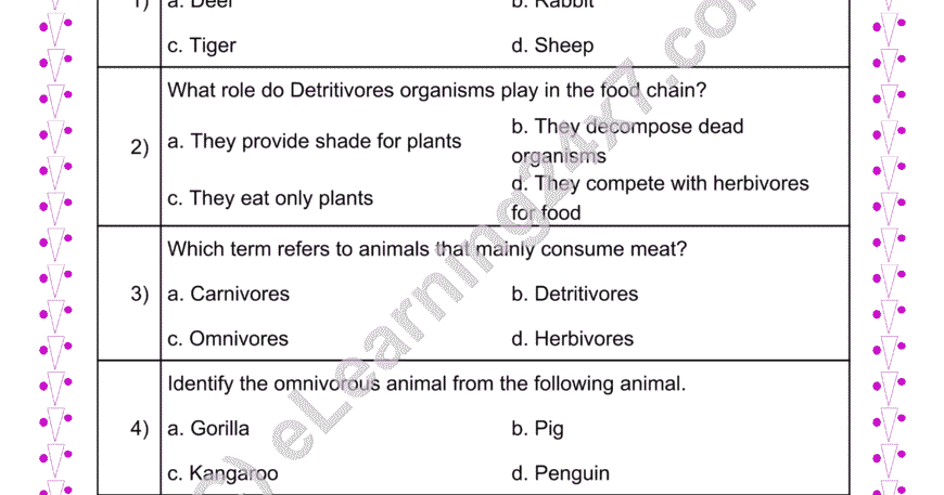 Grade 4, EVS, Animals - Feeding Habits MCQs, printable PDF, instant download